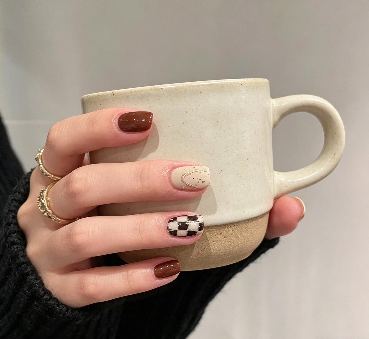 Burgundy Brown and Cream Argyle Press On Nails With Gold Lines
