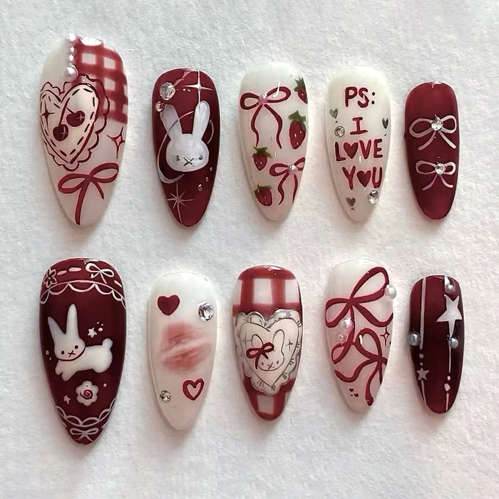 Burgundy Bunny Love Note Press On Nails with Plaid, Bows and Strawberries