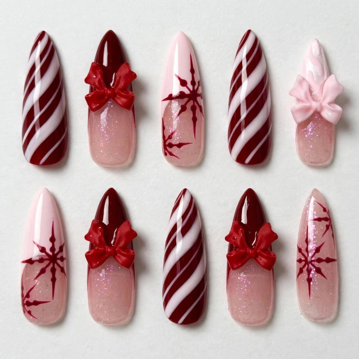Burgundy Candy Cane Stripe and 3D Bow Christmas Nail Set