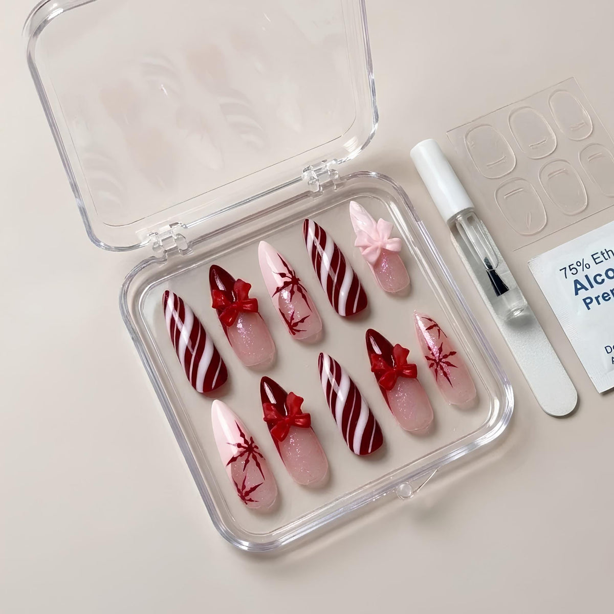 Burgundy Candy Cane Stripe and 3D Bow Christmas Nail Set
