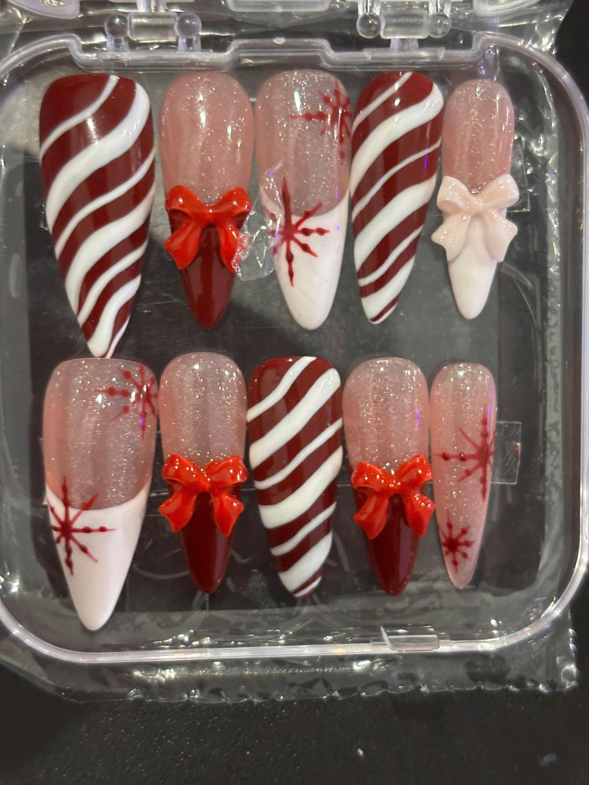 Burgundy Candy Cane Stripe and 3D Bow Christmas Nail Set