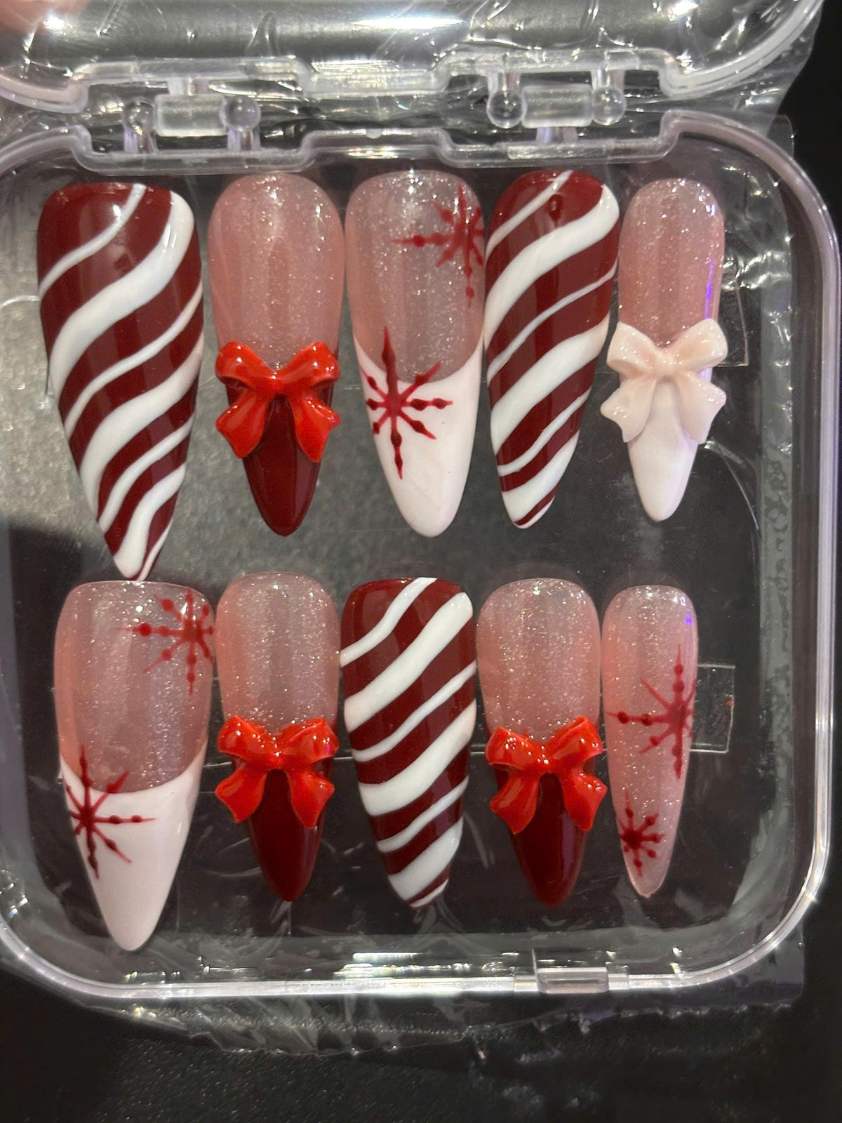 Burgundy Candy Cane Stripe and 3D Bow Christmas Nail Set