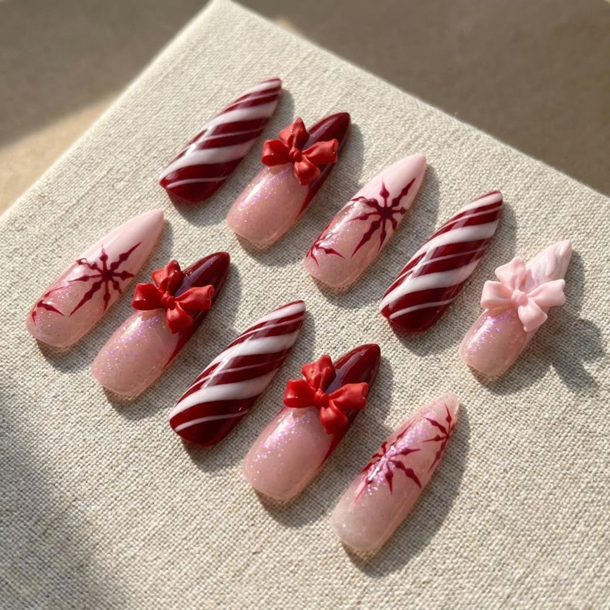 Burgundy Candy Cane Stripe and 3D Bow Christmas Nail Set