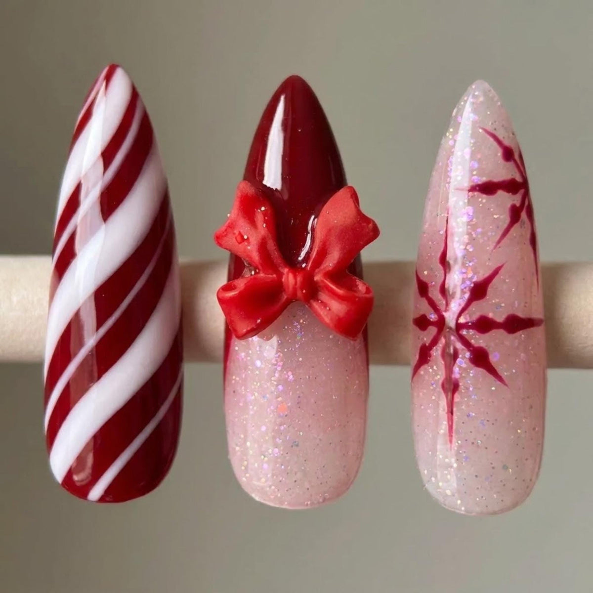 Burgundy Candy Cane Stripe and 3D Bow Christmas Nail Set