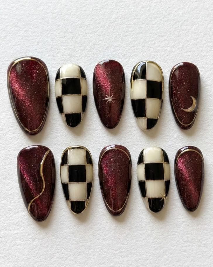 Burgundy Cat Eye and Black-Ivory Checkerboard Press-On Nails