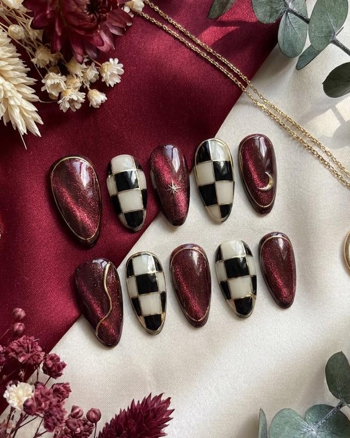 Burgundy Cat Eye and Black-Ivory Checkerboard Press-On Nails