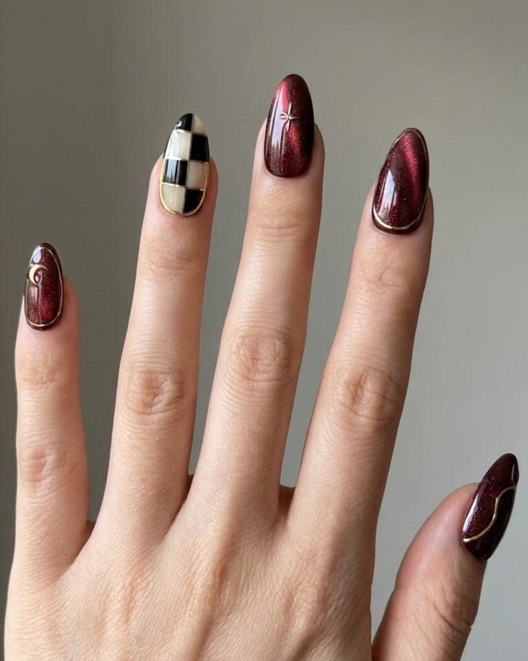 Burgundy Cat Eye and Black-Ivory Checkerboard Press-On Nails