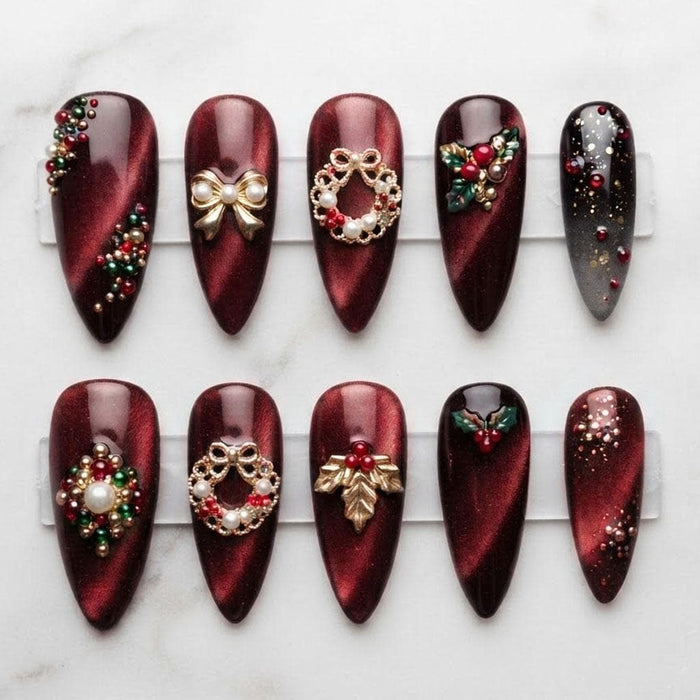 Burgundy Cat Eye Christmas Press On Nails with Gold Bows and Jeweled Wreath Details