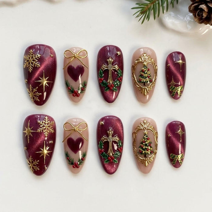 Burgundy Cat Eye Christmas Press On Nails With Gold Snowflakes, Bows, Hearts and Trees