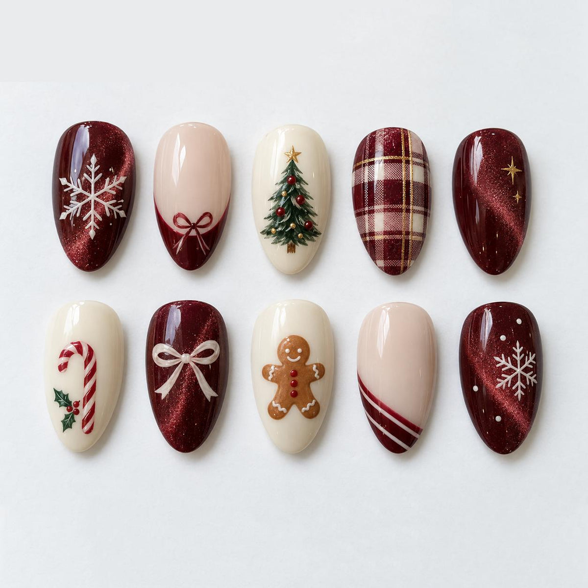 Burgundy Cat-Eye Christmas Press-On Nail Set With Snowflakes, Bows, Plaid & Gingerbread