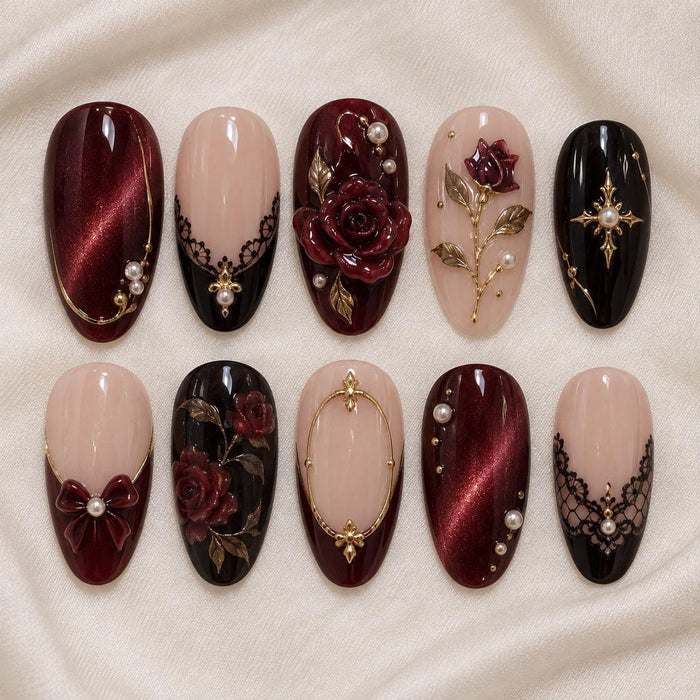 Burgundy Cat-Eye Press On Nails With 3D Roses, Black Lace, Pearls & Gold Details