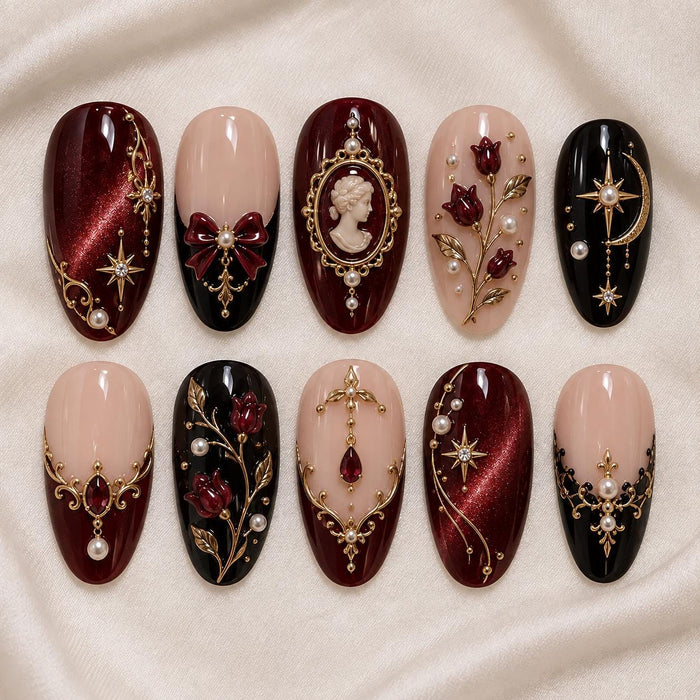 Burgundy Cat Eye Press On Nails With Roses, Pearls, Gold Scrollwork & Cameo Details