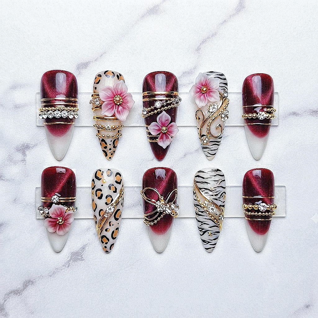 Burgundy Cat Eye Ombré Press On Nails With Leopard Print, Zebra Stripes and 3D Flowers