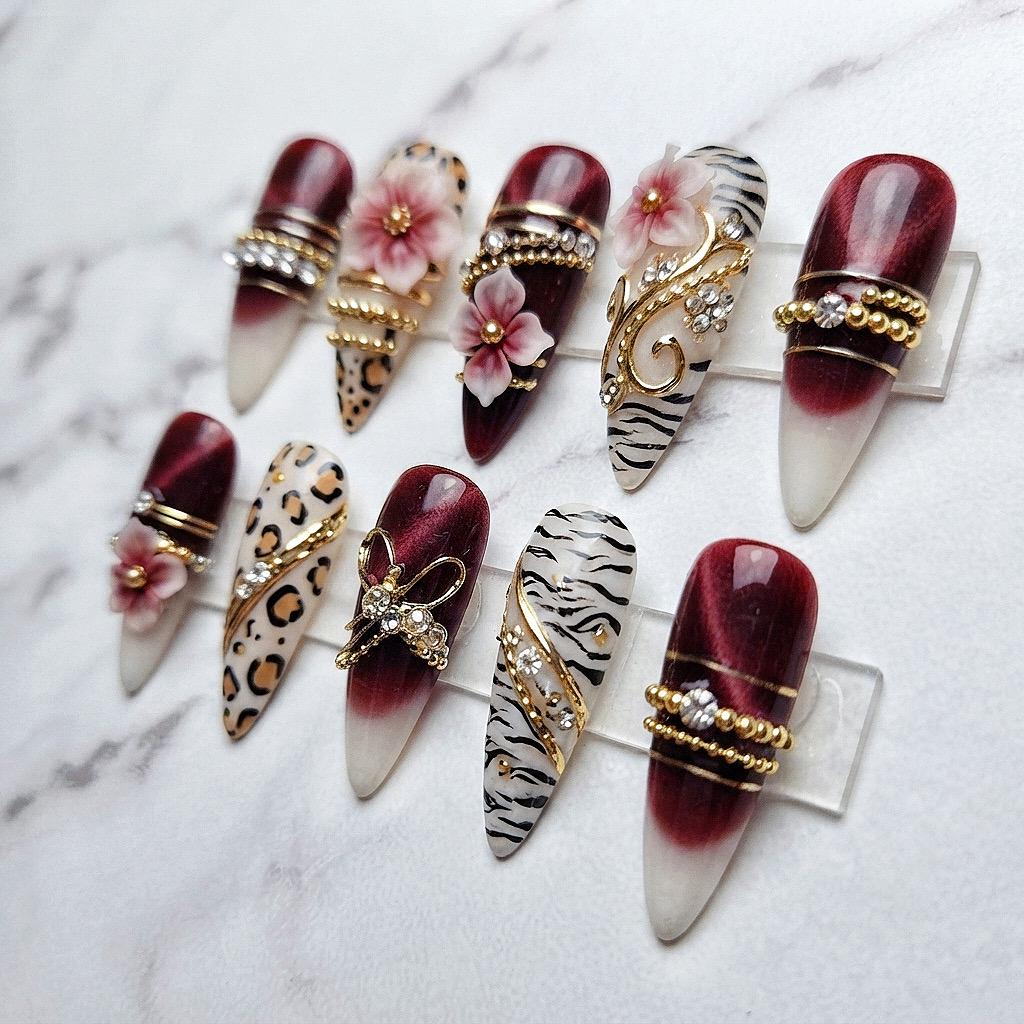 Burgundy Cat Eye Ombré Press On Nails With Leopard Print, Zebra Stripes and 3D Flowers