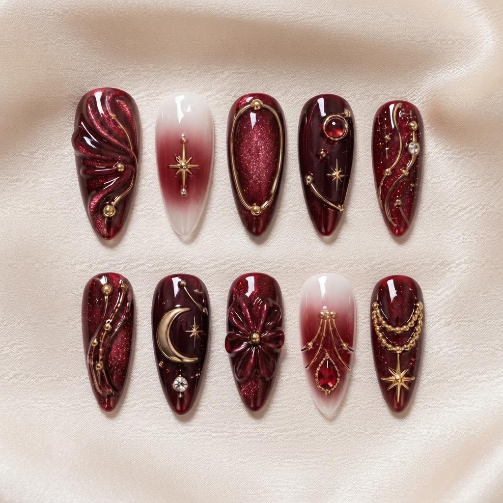 Burgundy Celestial Nail Set with Gold Moons, Starbursts, and Sculpted Flowers