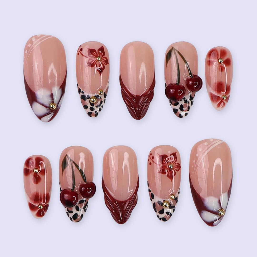 Burgundy Cherry and Leopard Print Fall Nail Set