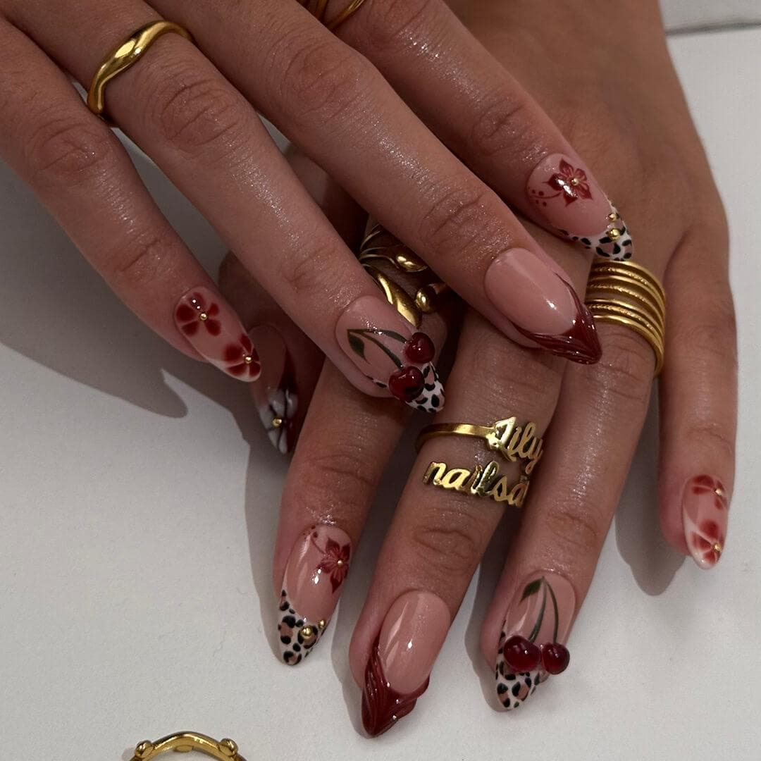 Burgundy Cherry and Leopard Print Fall Nail Set