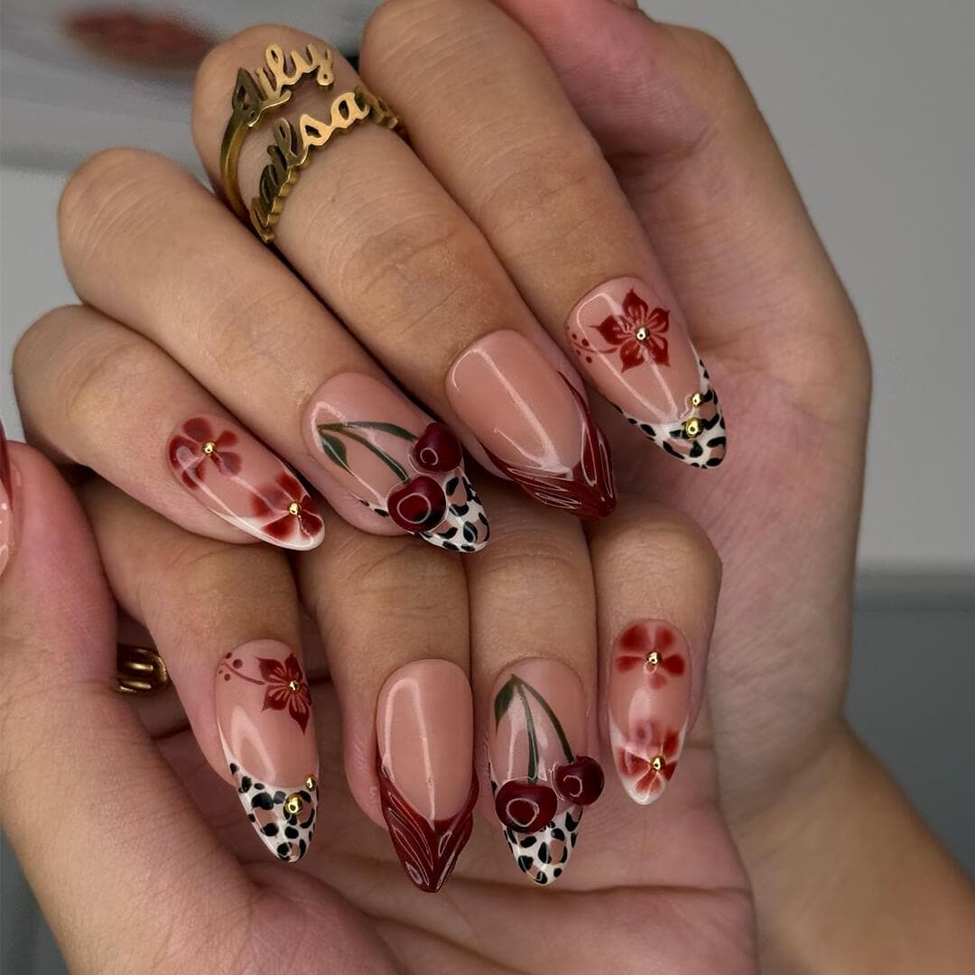 Burgundy Cherry and Leopard Print Fall Nail Set
