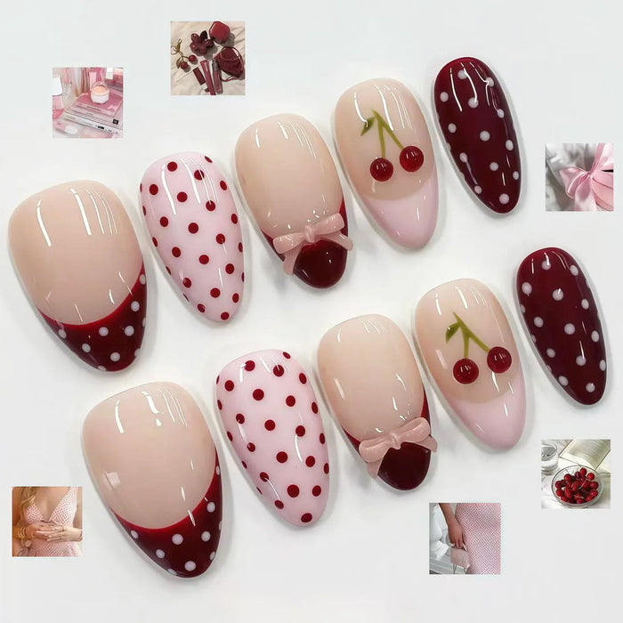 Burgundy Cherry and Polka Dot French Tip Press-On Nail Set