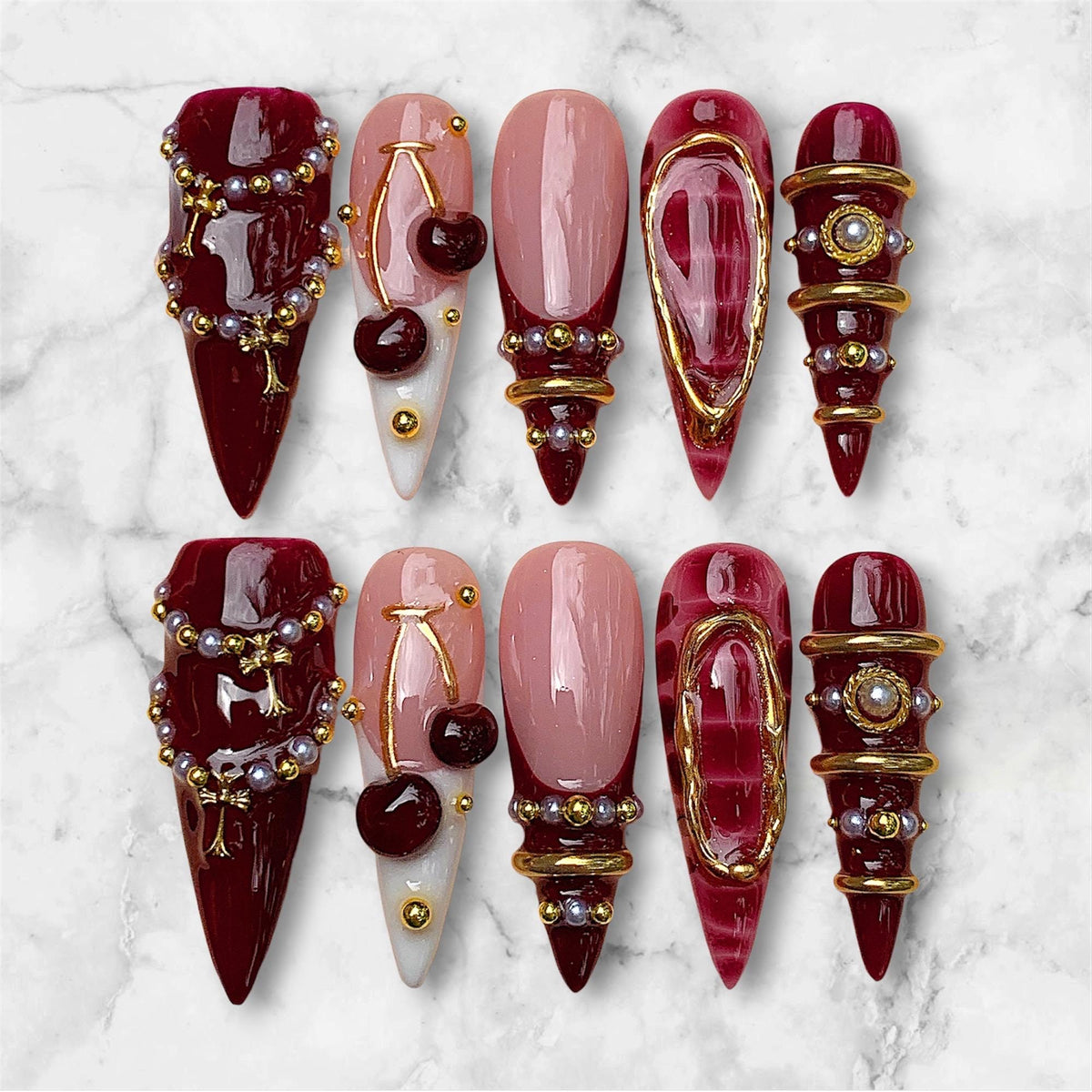 Burgundy Cherry Gothic Glam Nails With Gold-Tone Frames, Pearls and Rhinestones