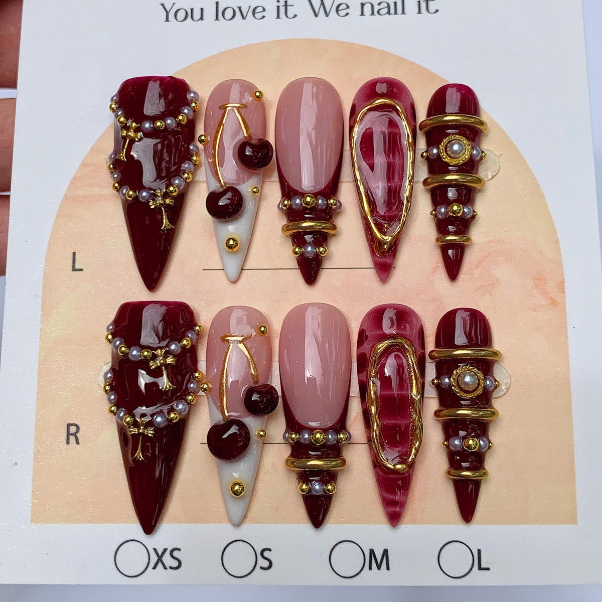 Burgundy Cherry Gothic Glam Nails With Gold-Tone Frames, Pearls and Rhinestones