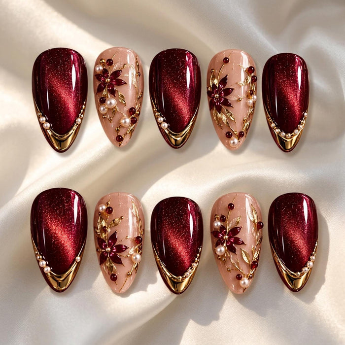 Burgundy Christmas Cat Eye Press On Nails With Gold V Tips, Pearls, and Floral Accents