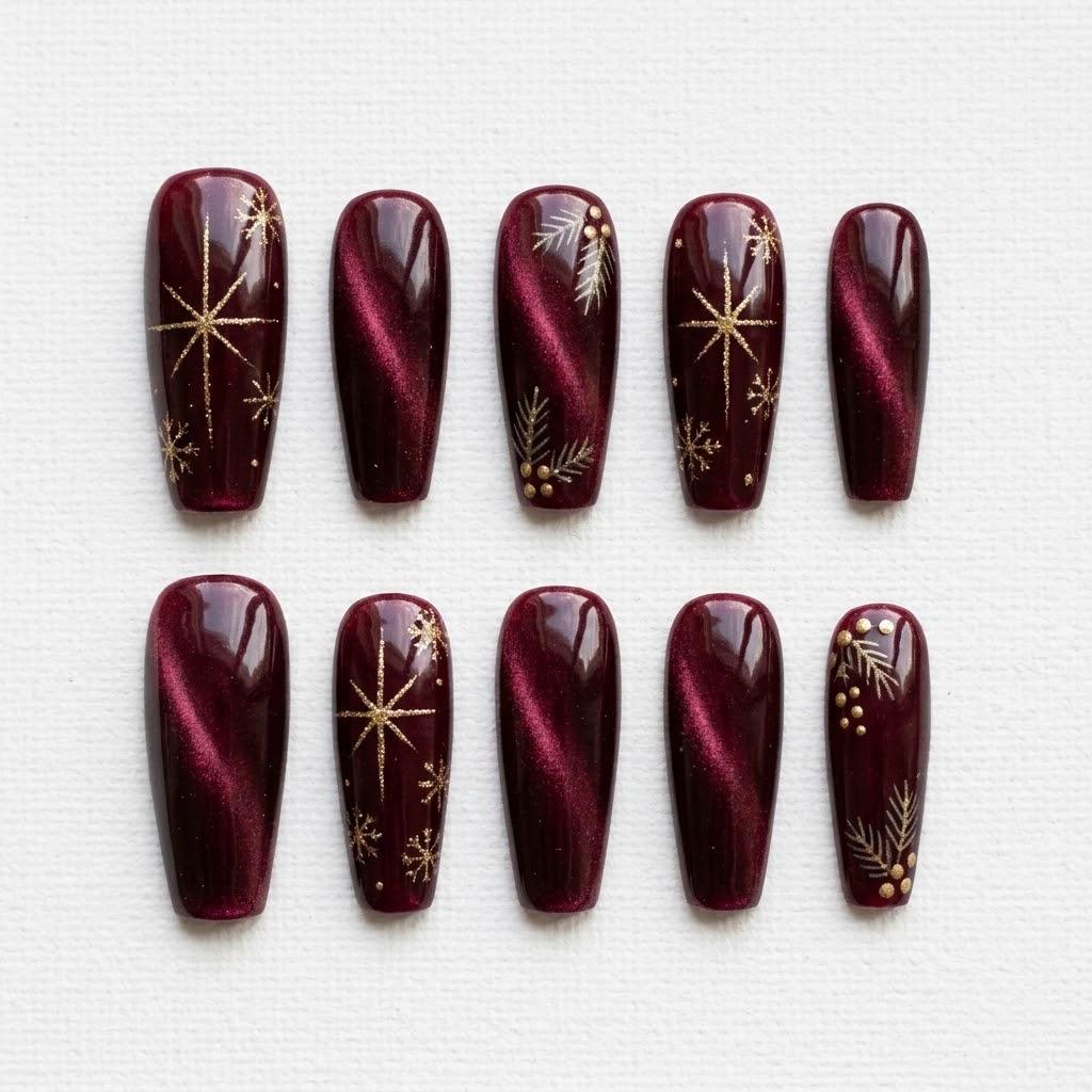 Burgundy Christmas Cat Eye Press On Nails With Gold Starbursts and Botanical Details