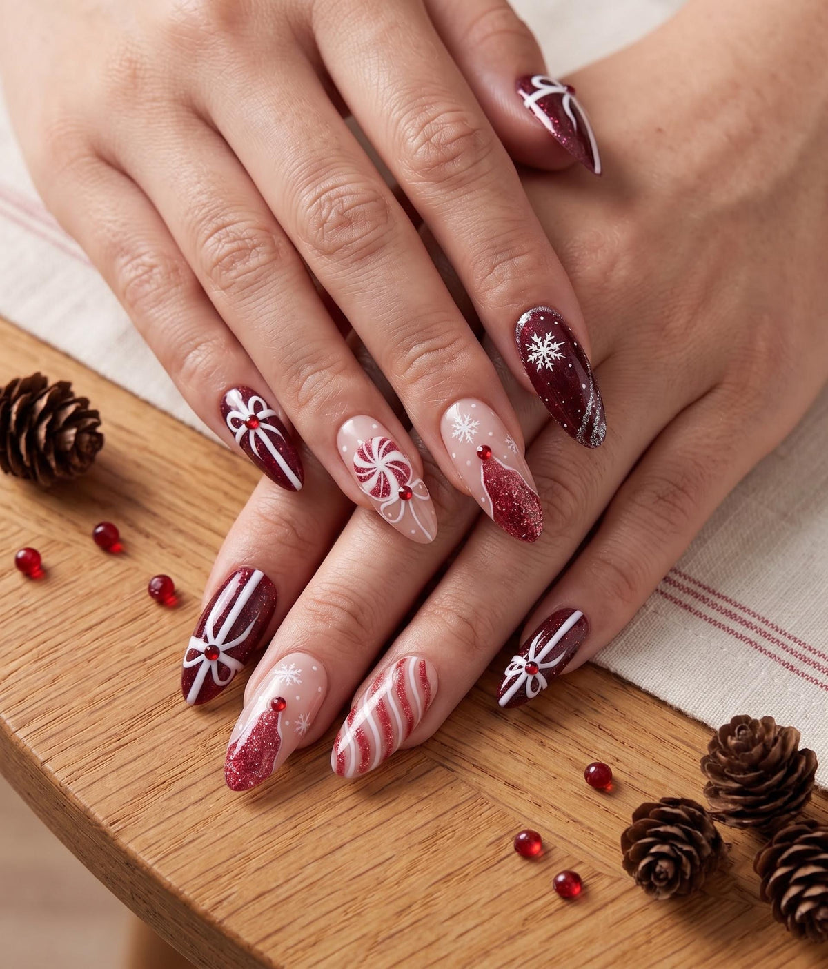 Burgundy Christmas Nail Set With Gift Bows, Candy Canes, Snowflakes and Glitter