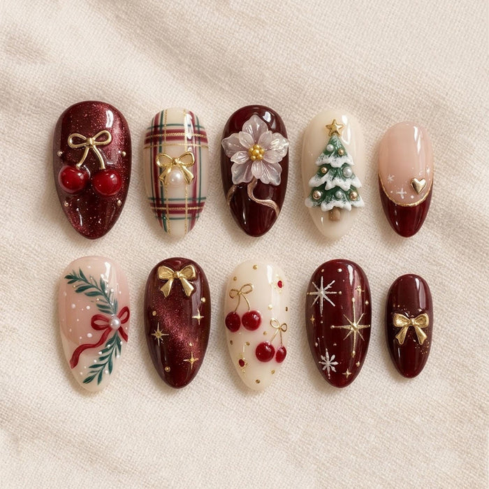 Burgundy Christmas Press On Nails With Cherry Bows, Plaid, Gold Accents & 3D Flower