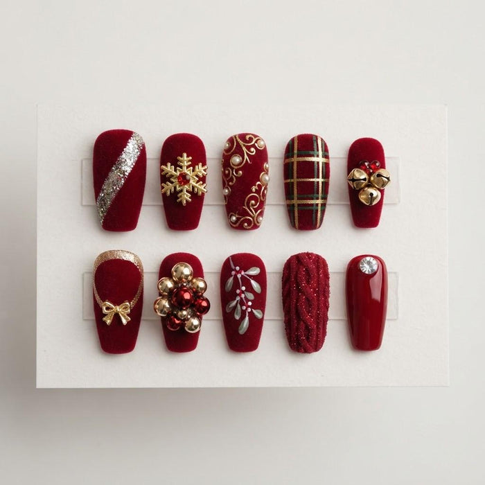 Burgundy Christmas Press On Nails With Gold Snowflakes, Plaid, Bows, and Charms