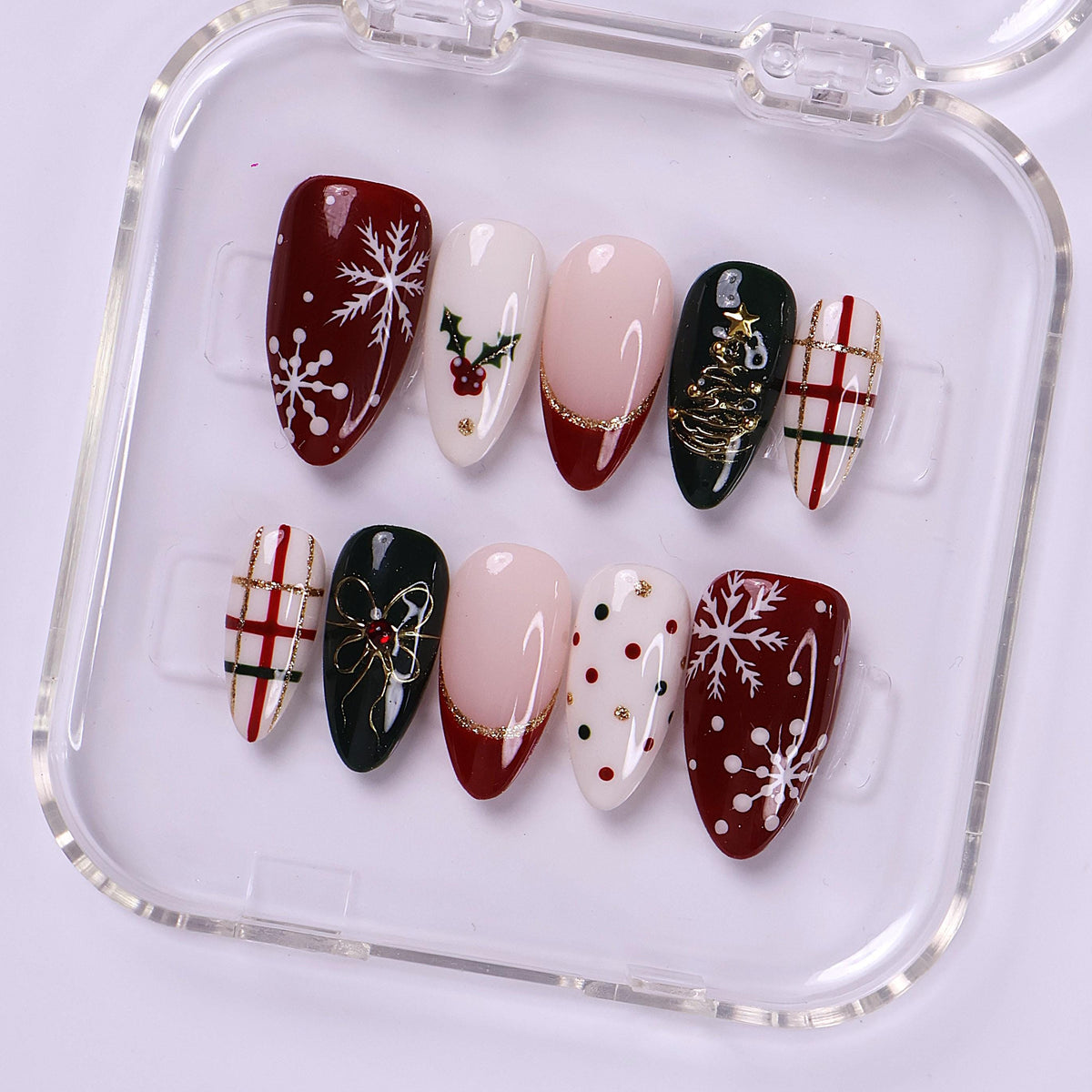 Burgundy Christmas Nails with Snowflakes, Holly, Plaid & Gold Bows