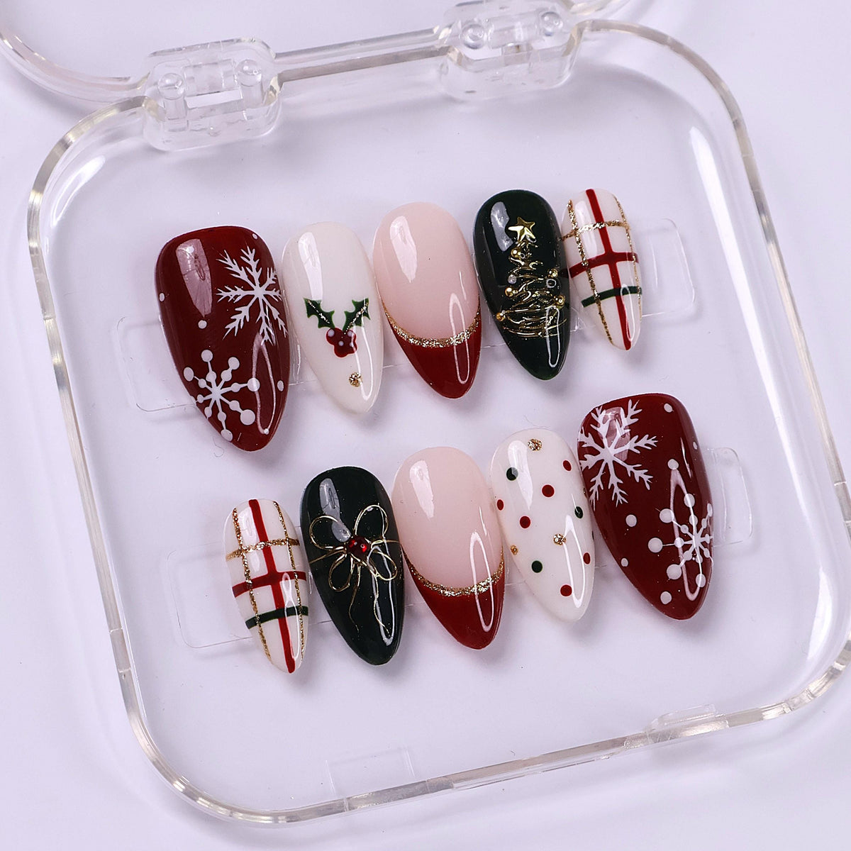 Burgundy Christmas Nails with Snowflakes, Holly, Plaid & Gold Bows
