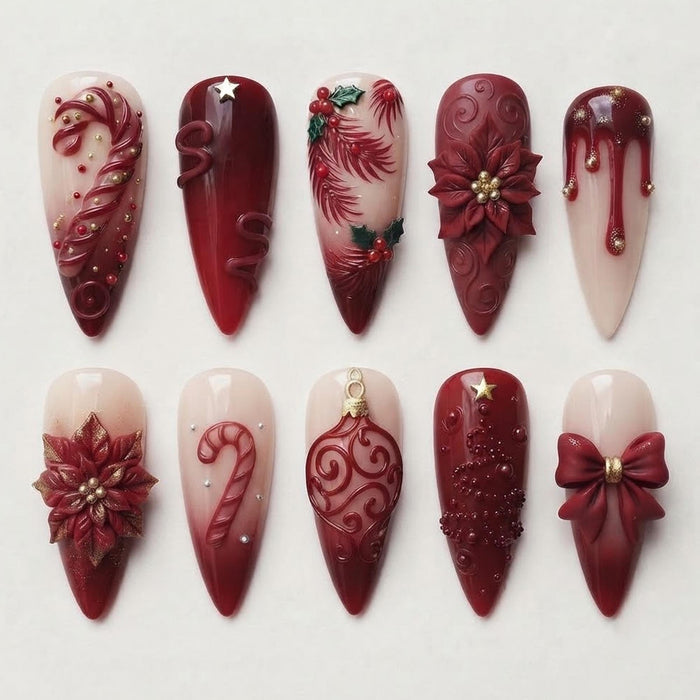 Burgundy Christmas Poinsettia and Candy Cane Press-On Nail Set