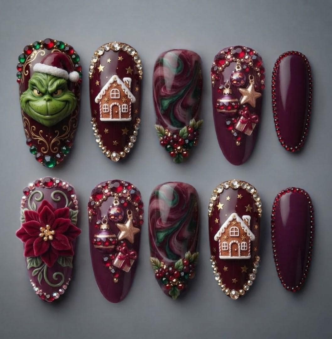 Burgundy Christmas Press-On Nails with Grinch, Gingerbread Houses, and 3D Rhinestones
