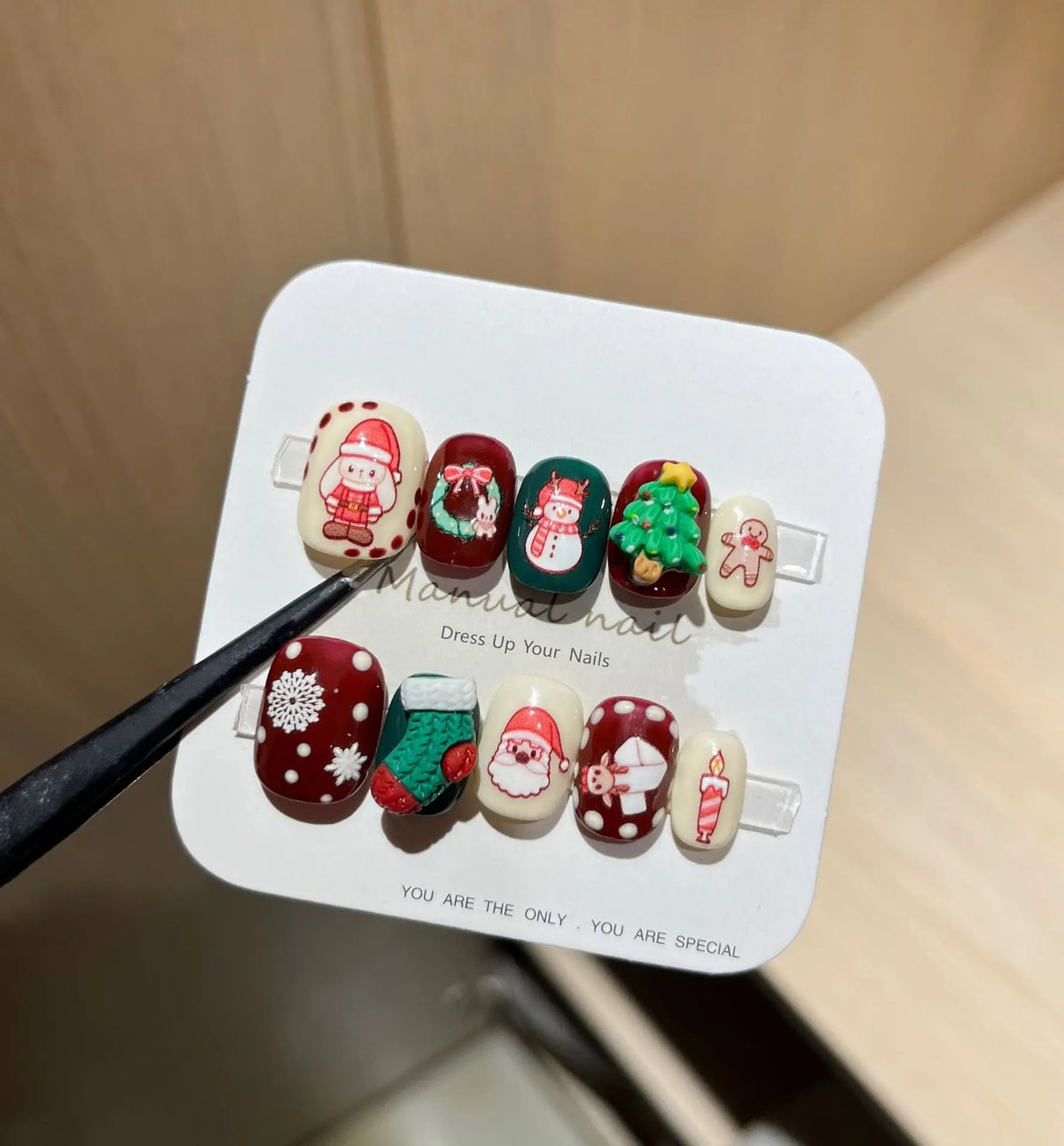 Burgundy Christmas Press On Nails With Santa, Wreath, Snowflakes & Tree