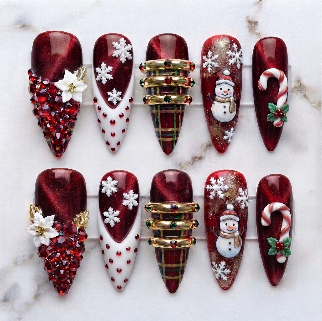 Burgundy Christmas Press On Nails With Snowflakes, Candy Canes, Plaid and Rhinestones