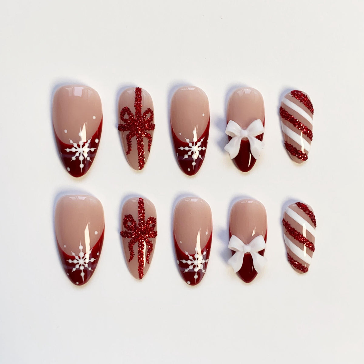 Burgundy Christmas Press-On Nails with Snowflakes, Glitter Bows, and 3D Ribbon Bows
