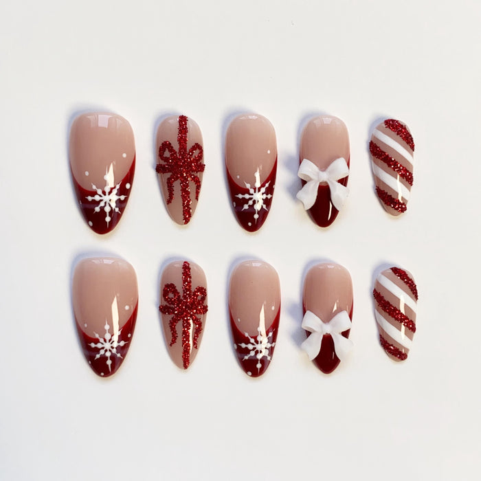Burgundy Christmas Press-On Nails with Snowflakes, Glitter Bows, and 3D Ribbon Bows