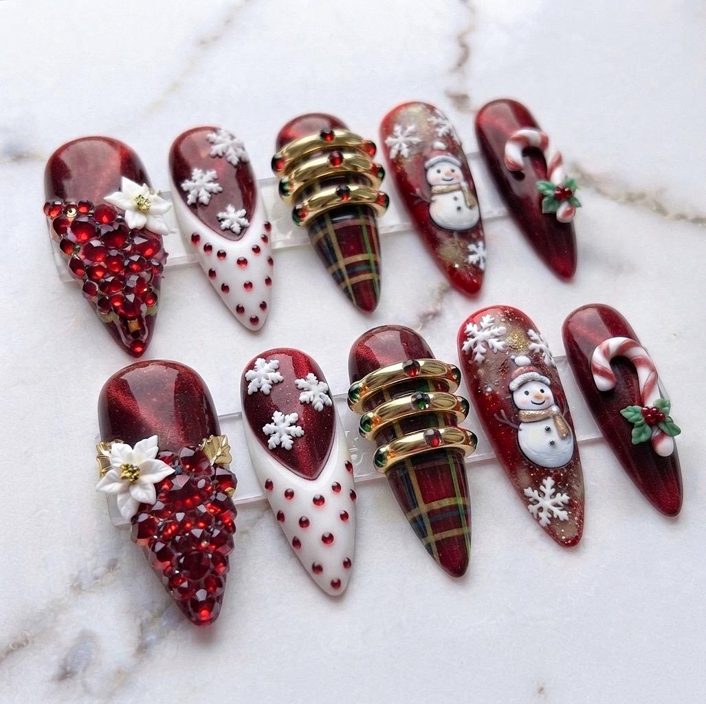 Burgundy Christmas Press On Nails With Snowflakes, Candy Canes, Plaid and Rhinestones