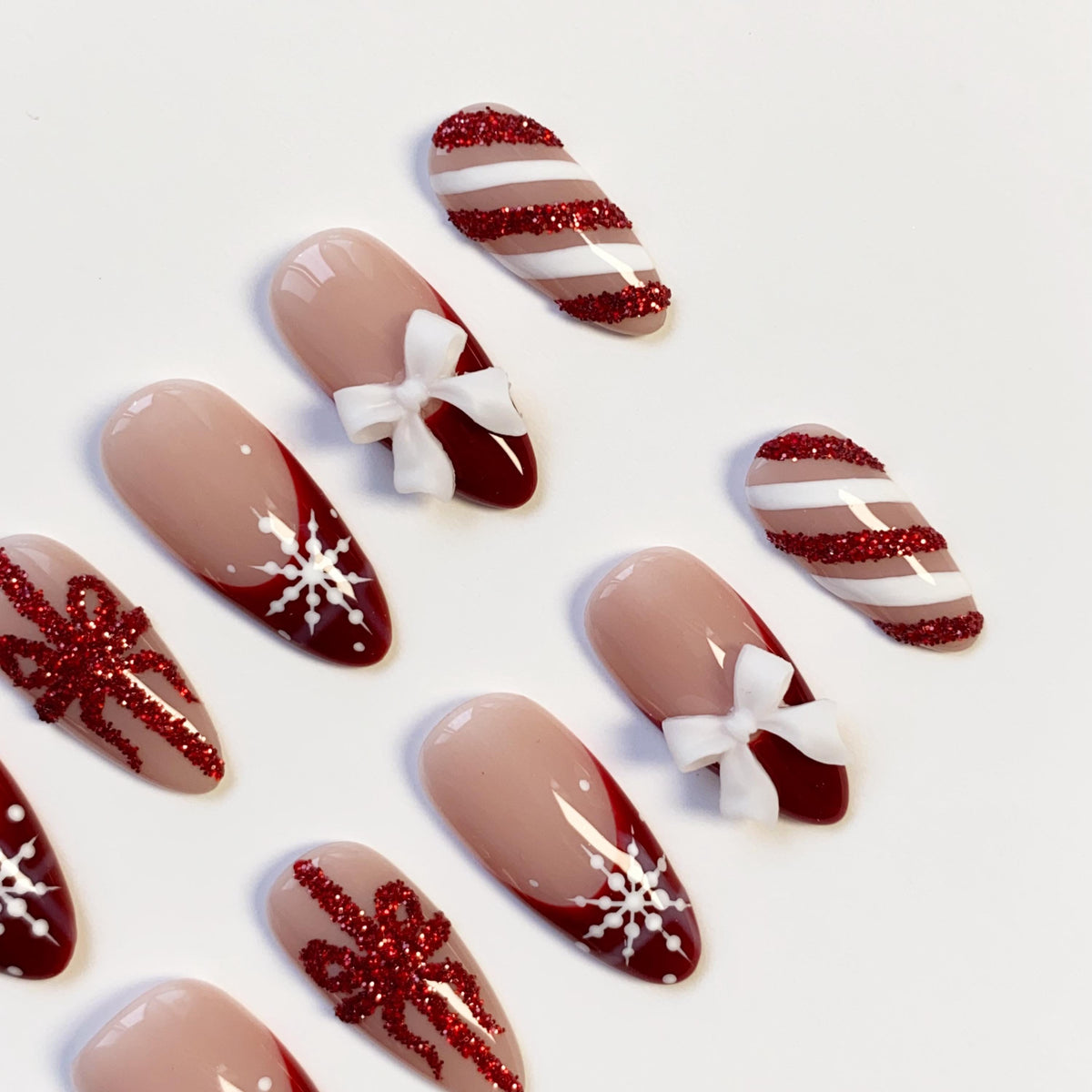Burgundy Christmas Press-On Nails with Snowflakes, Glitter Bows, and 3D Ribbon Bows
