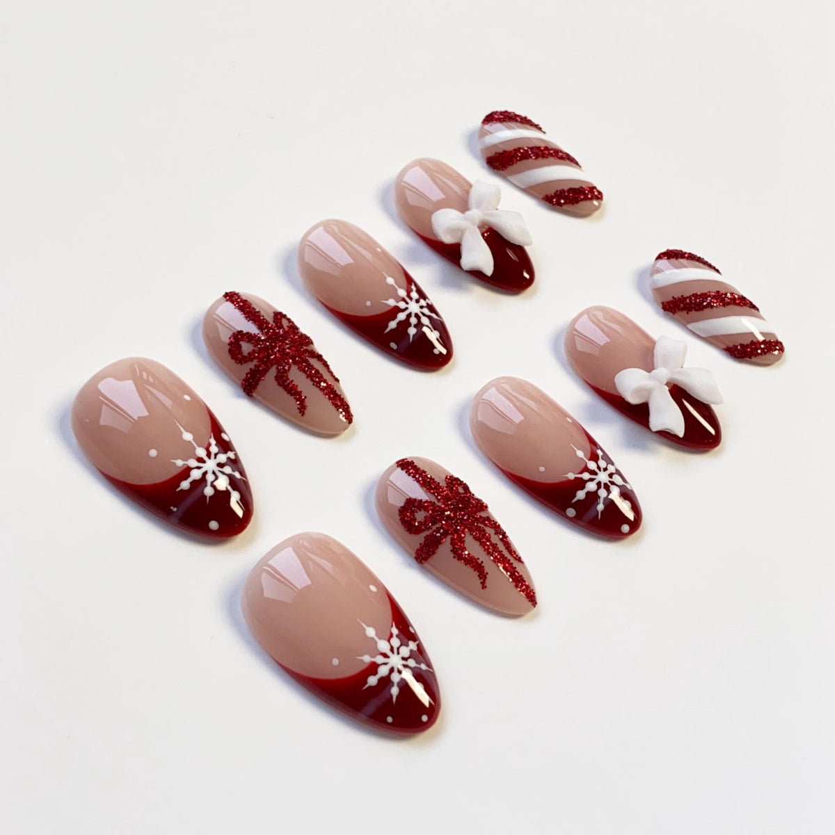 Burgundy Christmas Press-On Nails with Snowflakes, Glitter Bows, and 3D Ribbon Bows