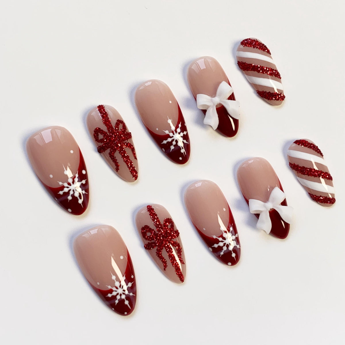 Burgundy Christmas Press-On Nails with Snowflakes, Glitter Bows, and 3D Ribbon Bows