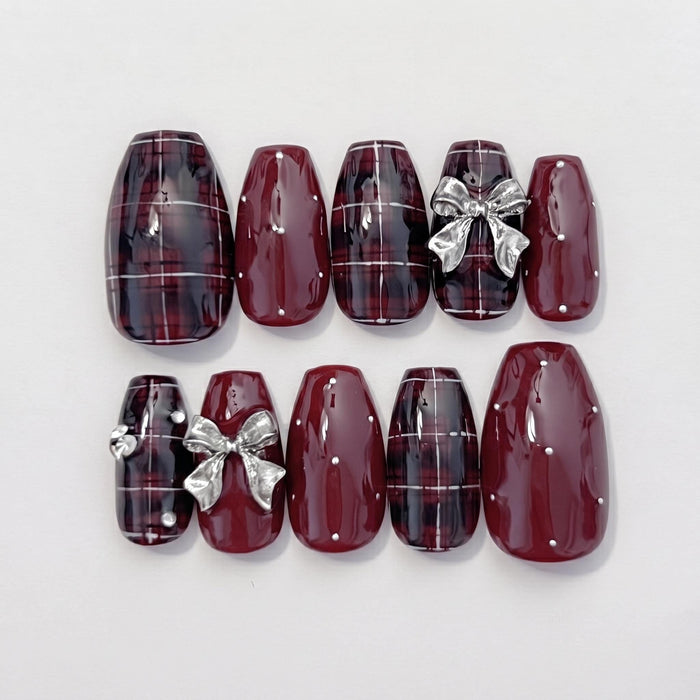 Burgundy Christmas Tartan Plaid Press-On Nails With Silver Bow Charms