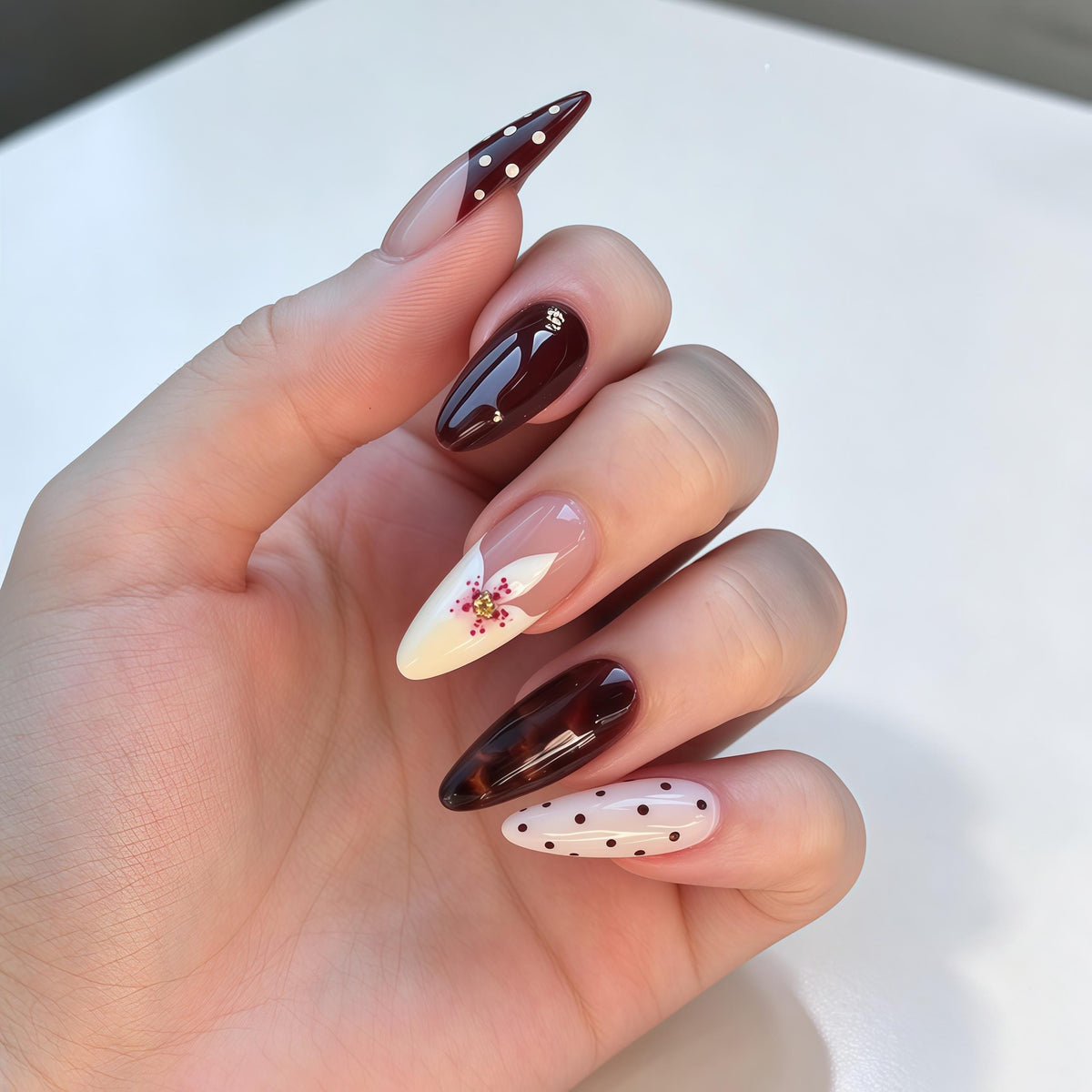 Burgundy Floral and Polka Dot Press-On Nail Set