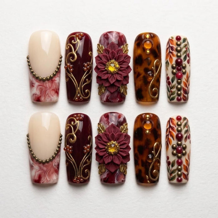 Burgundy Floral Fall Press On Nails With Gold Scrollwork and Tortoiseshell Accents for Thanksgiving