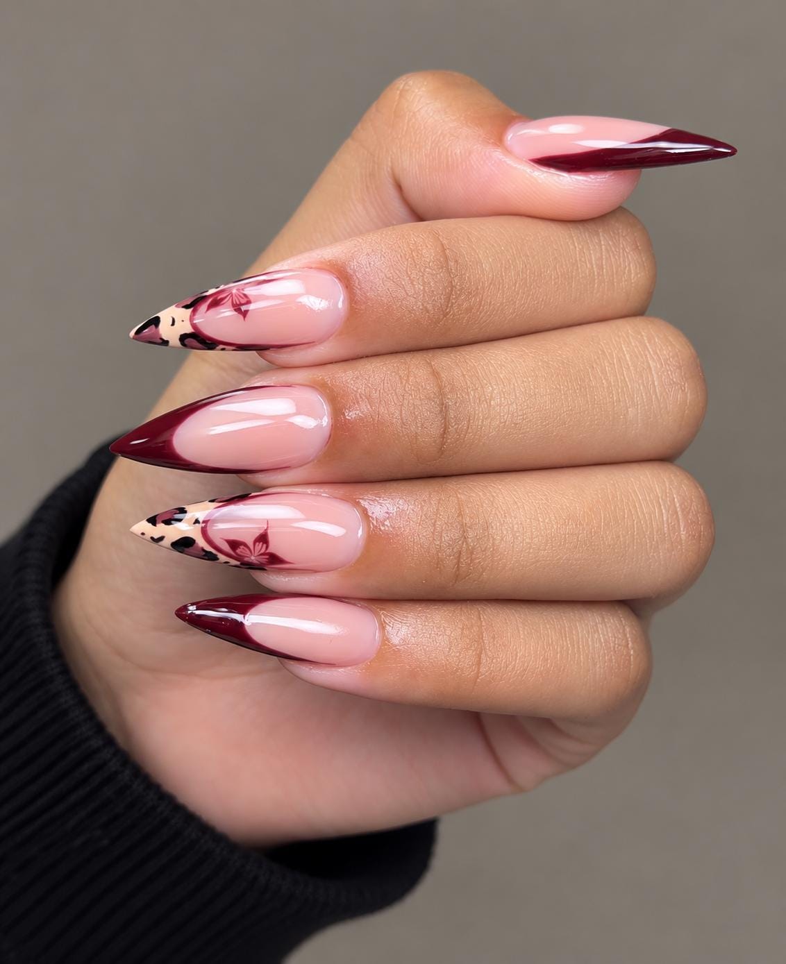 Burgundy Floral French Tip Press-On Nails With Leopard Print Accents