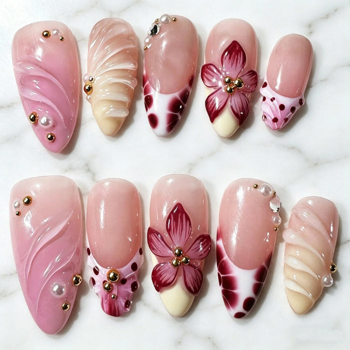 Burgundy Floral French Tip Press-On Nails with Sculpted Swirls and Gold Details