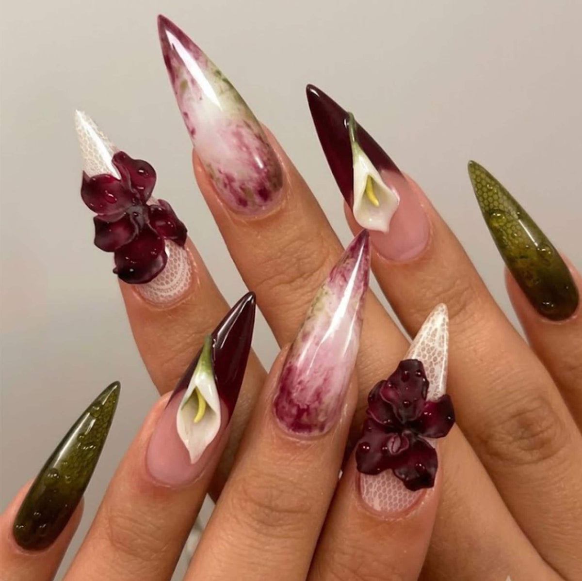Burgundy Floral Lace Press-On Nails with Olive Green and Marbled Pink Accents