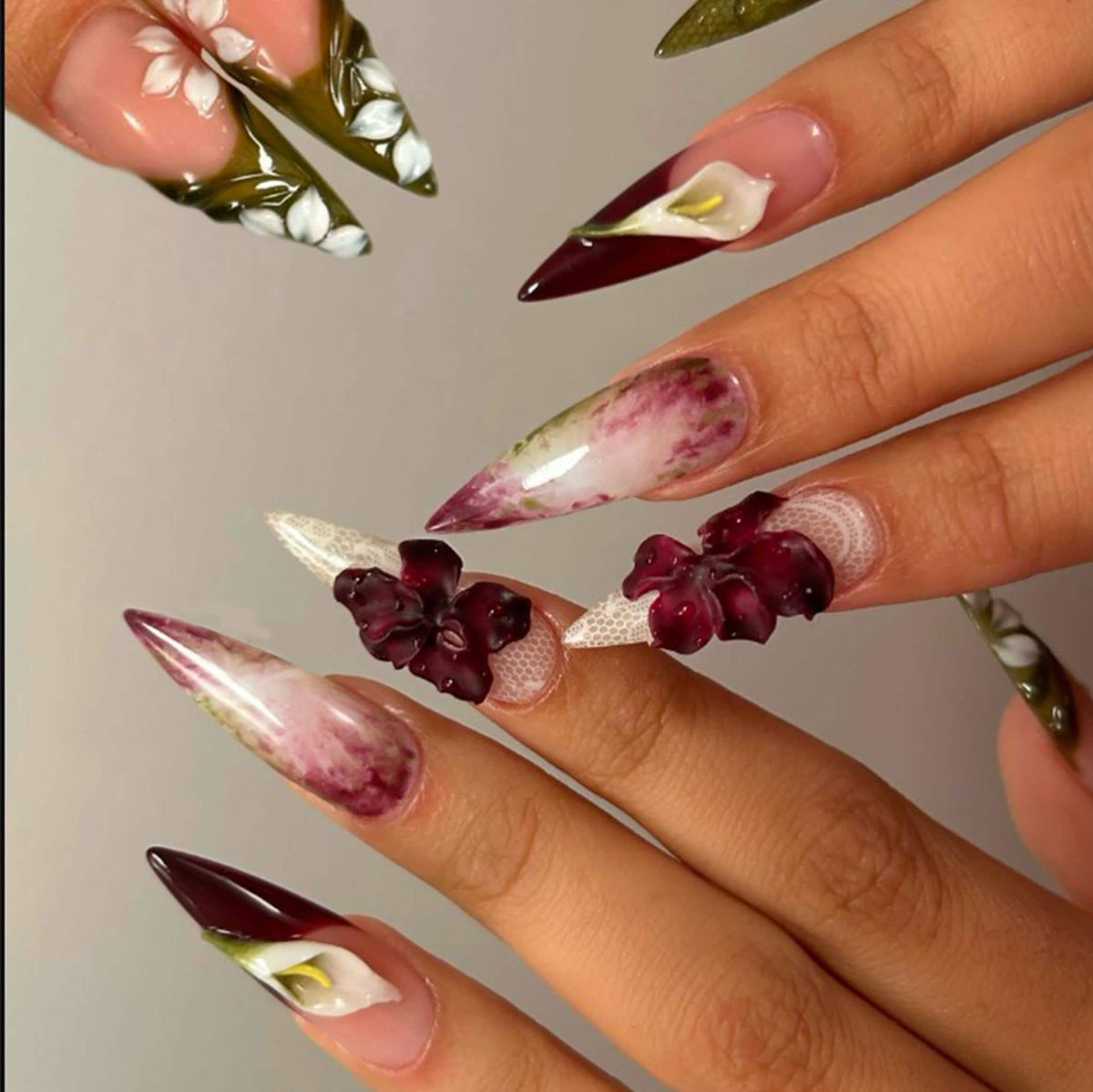 Burgundy Floral Lace Press-On Nails with Olive Green and Marbled Pink Accents