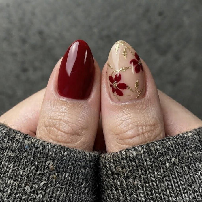 Burgundy Floral Press On Nails with Gold Leaf Vine Details